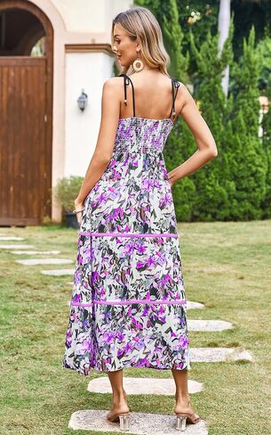 Angashion Women's Summer Boho Dresses Spaghetti Strap Floral Print V Neck Ruffle A Line Bohemian Midi Long Dress with Pockets in Saudi Arabia