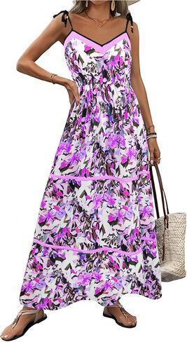 Angashion Women's Summer Boho Dresses Spaghetti Strap Floral Print V Neck Ruffle A Line Bohemian Midi Long Dress with Pockets in Saudi Arabia