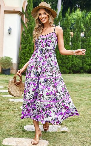Angashion Women's Summer Boho Dresses Spaghetti Strap Floral Print V Neck Ruffle A Line Bohemian Midi Long Dress with Pockets in Saudi Arabia