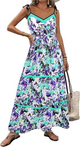 Angashion Women's Summer Boho Dresses Spaghetti Strap Floral Print V Neck Ruffle A Line Bohemian Midi Long Dress with Pockets in Saudi Arabia