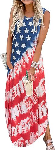 LLHXRUI American Flag Maxi Dress for Women 4th of July Patriotic Long Tank Dress Casual Loose Pocket Dresses in Saudi Arabia