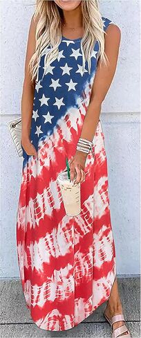 LLHXRUI American Flag Maxi Dress for Women 4th of July Patriotic Long Tank Dress Casual Loose Pocket Dresses in Saudi Arabia