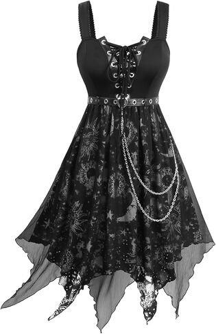 Rosegal Women Plus Size Sun Moon Star Goth Dress Chains Lace-up Grommet Sleeveless Midi Dress in Kuwait