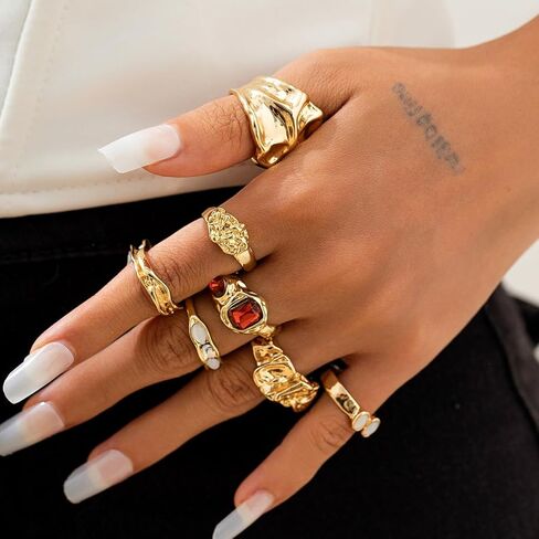 BUYITO Chunky Gold Statement Rings for Women Dainty Gemstone Crystal Ring Stackable Opening Adjustable Knuckle Bold Thick Irregular Ring Set Vintage Jewelry in Kuwait