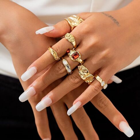 BUYITO Chunky Gold Statement Rings for Women Dainty Gemstone Crystal Ring Stackable Opening Adjustable Knuckle Bold Thick Irregular Ring Set Vintage Jewelry in Kuwait