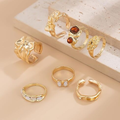 BUYITO Chunky Gold Statement Rings for Women Dainty Gemstone Crystal Ring Stackable Opening Adjustable Knuckle Bold Thick Irregular Ring Set Vintage Jewelry in Kuwait