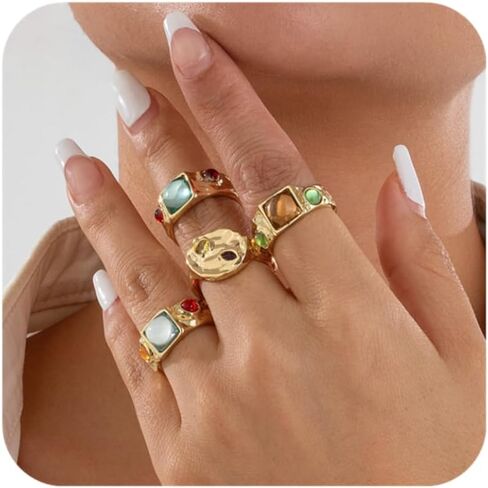 BUYITO Chunky Gold Statement Rings for Women Dainty Gemstone Crystal Ring Stackable Opening Adjustable Knuckle Bold Thick Irregular Ring Set Vintage Jewelry in Kuwait