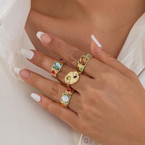 BUYITO Chunky Gold Statement Rings for Women Dainty Gemstone Crystal Ring Stackable Opening Adjustable Knuckle Bold Thick Irregular Ring Set Vintage Jewelry in Kuwait