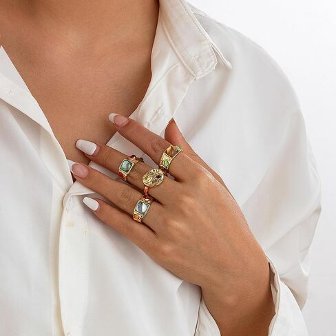 BUYITO Chunky Gold Statement Rings for Women Dainty Gemstone Crystal Ring Stackable Opening Adjustable Knuckle Bold Thick Irregular Ring Set Vintage Jewelry in Kuwait