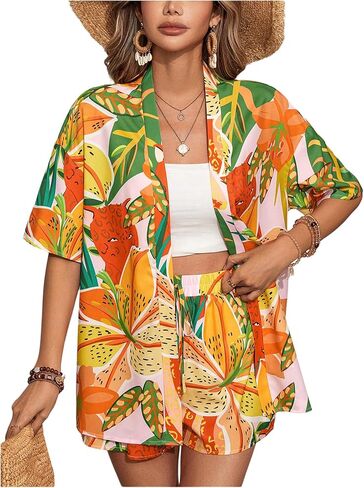SOLY HUX Women's Summer 2 Piece Outfits Tropical Print Open Front Half Sleeve Kimono and Shorts Set in Kuwait