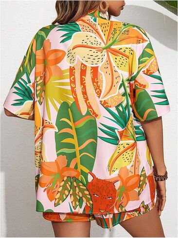 SOLY HUX Women's Summer 2 Piece Outfits Tropical Print Open Front Half Sleeve Kimono and Shorts Set in Kuwait