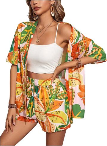 SOLY HUX Women's Summer 2 Piece Outfits Tropical Print Open Front Half Sleeve Kimono and Shorts Set in Kuwait
