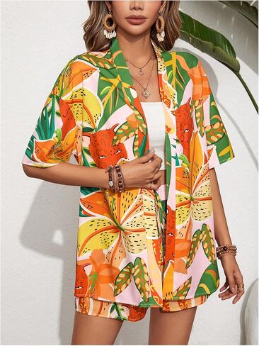 SOLY HUX Women's Summer 2 Piece Outfits Tropical Print Open Front Half Sleeve Kimono and Shorts Set in Kuwait