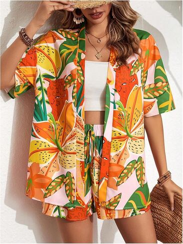 SOLY HUX Women's Summer 2 Piece Outfits Tropical Print Open Front Half Sleeve Kimono and Shorts Set in Kuwait