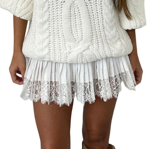 Muineobuka Lace Slip Skirts for Women Y2K Low Waist Lace Pleated Ruffle Hem Short Skirts Layered Flowy Underskirt Streetwear in Saudi Arabia