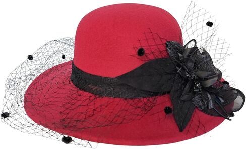 Woolen Fedora Hats for Women, Classic Flower Wide Brim Bowler Felt Top Hat with Veil Winter Church Derby Party Cap in Kuwait