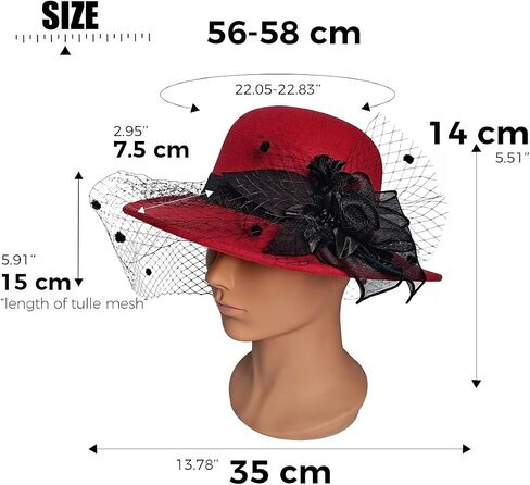 Woolen Fedora Hats for Women, Classic Flower Wide Brim Bowler Felt Top Hat with Veil Winter Church Derby Party Cap in Kuwait