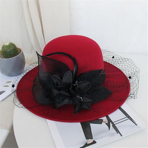 Woolen Fedora Hats for Women, Classic Flower Wide Brim Bowler Felt Top Hat with Veil Winter Church Derby Party Cap in Kuwait