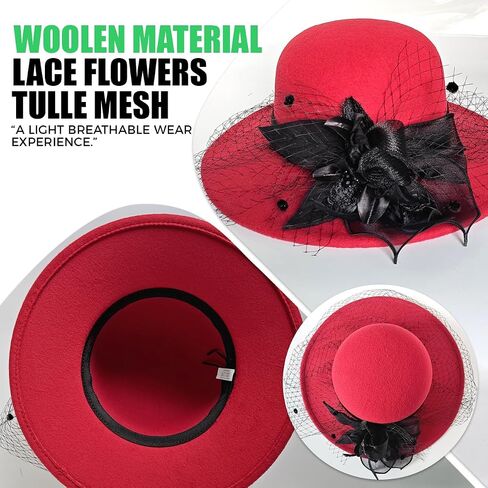 Woolen Fedora Hats for Women, Classic Flower Wide Brim Bowler Felt Top Hat with Veil Winter Church Derby Party Cap in Kuwait