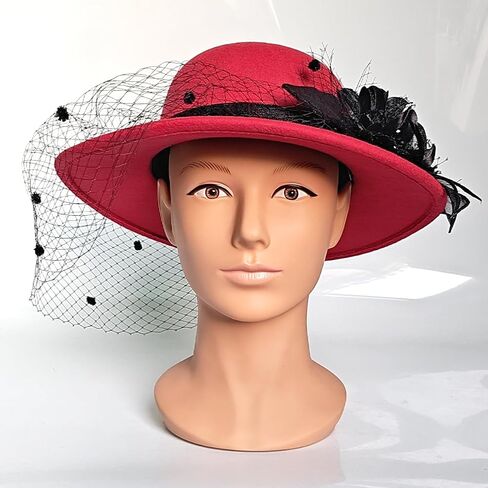 Woolen Fedora Hats for Women, Classic Flower Wide Brim Bowler Felt Top Hat with Veil Winter Church Derby Party Cap in Kuwait