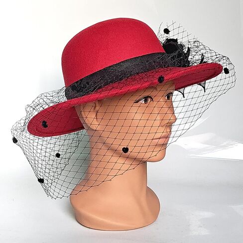 Woolen Fedora Hats for Women, Classic Flower Wide Brim Bowler Felt Top Hat with Veil Winter Church Derby Party Cap in Kuwait