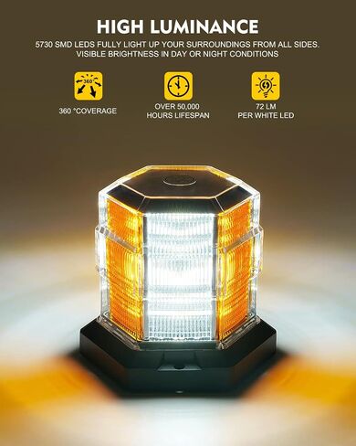 LUMENIX 72 LED Strobe Beacon Light Rooftop Rotating Warning Flashing Emergency Lights with Magnetic for Construction Vehicles Forklift Snow Plow Trucks Postal Mail Mower Cars ATV UTV - Amber/White in Saudi Arabia