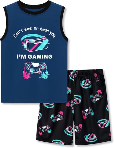 Tebbis Boys Summer Pajama Set - Gamer Graphic Tank Top & Shorts Soft 2-Piece Sleepwear Vibrant Yellow PJs Sizes 6-18 in Saudi Arabia