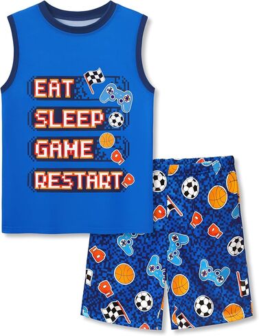 Tebbis Boys Summer Pajama Set - Gamer Graphic Tank Top & Shorts Soft 2-Piece Sleepwear Vibrant Yellow PJs Sizes 6-18 in Saudi Arabia