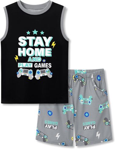 Tebbis Boys Summer Pajama Set - Gamer Graphic Tank Top & Shorts Soft 2-Piece Sleepwear Vibrant Yellow PJs Sizes 6-18 in Saudi Arabia