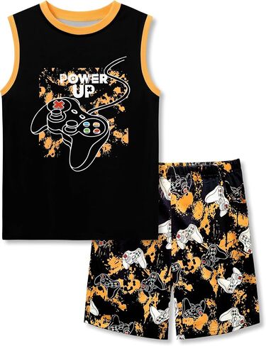 Tebbis Boys Summer Pajama Set - Gamer Graphic Tank Top & Shorts Soft 2-Piece Sleepwear Vibrant Yellow PJs Sizes 6-18 in Saudi Arabia