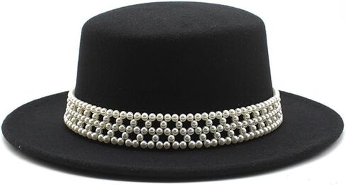 Womens Wide Brim Fedora Hat with Pearl Band Classic Flat Top Hat in Saudi Arabia