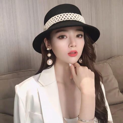 Womens Wide Brim Fedora Hat with Pearl Band Classic Flat Top Hat in Saudi Arabia