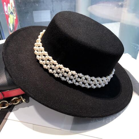 Womens Wide Brim Fedora Hat with Pearl Band Classic Flat Top Hat in Saudi Arabia
