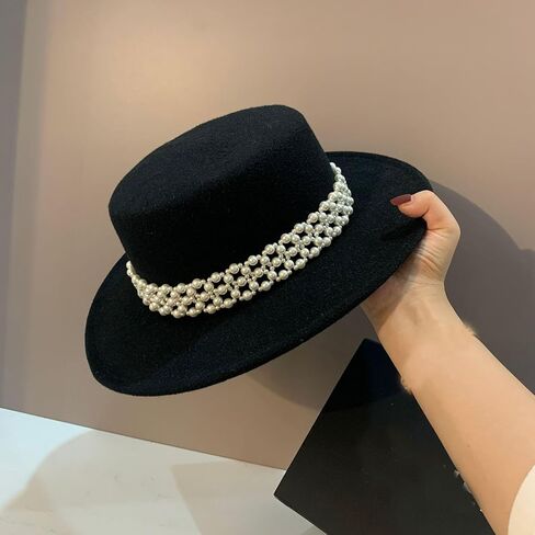 Womens Wide Brim Fedora Hat with Pearl Band Classic Flat Top Hat in Saudi Arabia