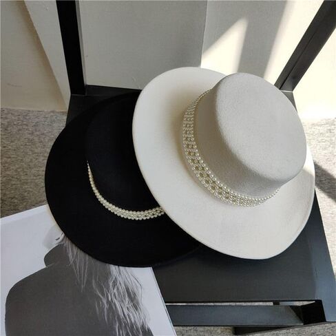 Womens Wide Brim Fedora Hat with Pearl Band Classic Flat Top Hat in Saudi Arabia