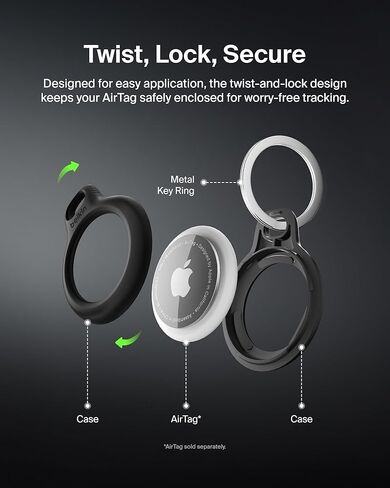 حامل آمن من Belkin Apple AirTag مع حلقة مفاتيح + حزام - جراب مقاوم للخدش مع وجه مفتوح وحواف مرتفعة - ملحق سلسلة مفاتيح AirTag الواقية للمفاتيح والحيوانات الأليفة والأمتعة والمزيد - أسود (4 عبوات) in Kuwait