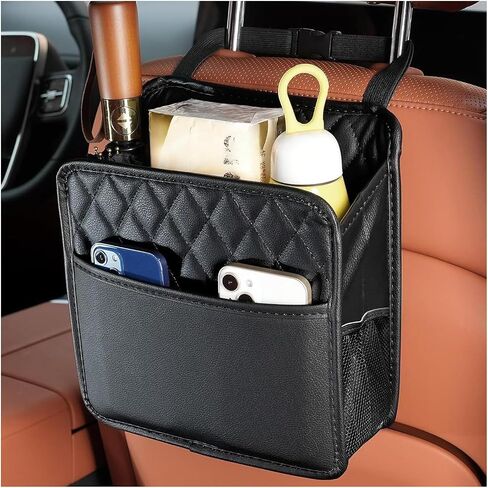 Car Seat Back Organizer, Large Capacity Foldable Car Seat Back Hanging Bag with 3 Extra Pockets, Waterproof Leather Car Seat Storage Organizer, Car Travel Essentials Accessories (Black) in Saudi Arabia