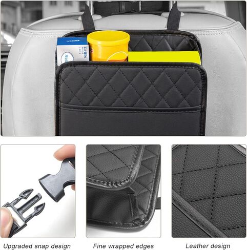 Car Seat Back Organizer, Large Capacity Foldable Car Seat Back Hanging Bag with 3 Extra Pockets, Waterproof Leather Car Seat Storage Organizer, Car Travel Essentials Accessories (Black) in Saudi Arabia