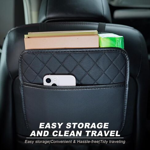 Car Seat Back Organizer, Large Capacity Foldable Car Seat Back Hanging Bag with 3 Extra Pockets, Waterproof Leather Car Seat Storage Organizer, Car Travel Essentials Accessories (Black) in Saudi Arabia