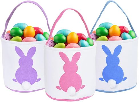 3 Pcs Easter Bunny Basket Bags for Kids - Canvas Cotton Carrying Gift and Eggs Hunt Bag, Fluffy Tails Printed Rabbit Toys Bucket Tote for Girls & Boys (Pink, Purple, Blue) in Saudi Arabia