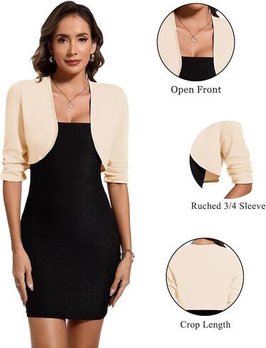 MINTLIMIT Bolero Cardigans for Women Ruched 3/4 Sleeve Open Front Cropped Cardigan Boleros Shrug Jackets for Evening Dresses in Kuwait
