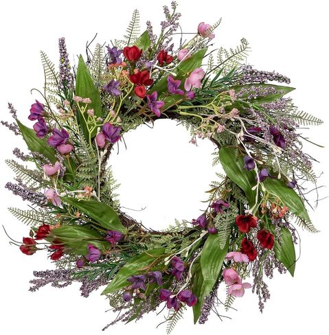 Briful 18’’ Artificial Lavender Wreath Year-Round Faux Wildflowers Green Floral Wreaths for Farmhouse Front Door Mantle Bedroom Kitchen Decor in Kuwait