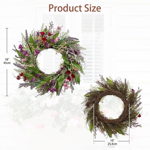 Briful 18’’ Artificial Lavender Wreath Year-Round Faux Wildflowers Green Floral Wreaths for Farmhouse Front Door Mantle Bedroom Kitchen Decor in Kuwait