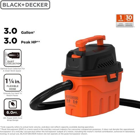 BLACK+DECKER Shop Vacuum Wet and Dry, 4 Gallon 3.0 Peak HP, Portable Shop Vac with Accessories, Home and Car Vacuum Cleaner(BDXV18301P-4A) in Saudi Arabia