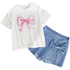 Girl's 2 Piece Outfits Cute Bow Graphic Short Sleeve T Shirt and Denim Shorts Set