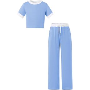 Hilinker Girl's 2 Piece Outfit Short Sleeve Crop Tops Drawstring Wide Leg Pants Sets