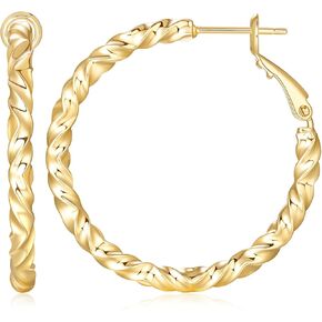Gold Earrings 14K Gold Hoop Earrings for Women Trendy Soft Wave-Like Texture Large Thin Hoop Earring for Woman 35mm