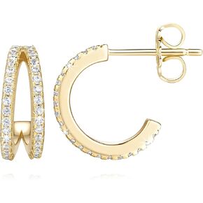 NEARLAND 14K Gold Hoop Earrings for Women Gold Stud Earrings Small Hoop Earring with Double Round Cubic Zirconia Hypoallergenic Lightweight Womens Earring 13mm