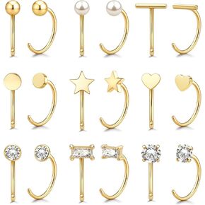 14K Gold Huggie Half Hoop Earrings Cartilage Helix Open Hugging Earrings for Women | 9 Pairs Hypoallergenic 316L Stainless Steel Jewelry Set with 5A CZ Pearl Heart Star Bar Dot Ball