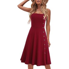 Women's Casual Summer Beach Flattering Flowy A-Line Spaghetti Straps Solid Cotton Button Down Midi Sundress